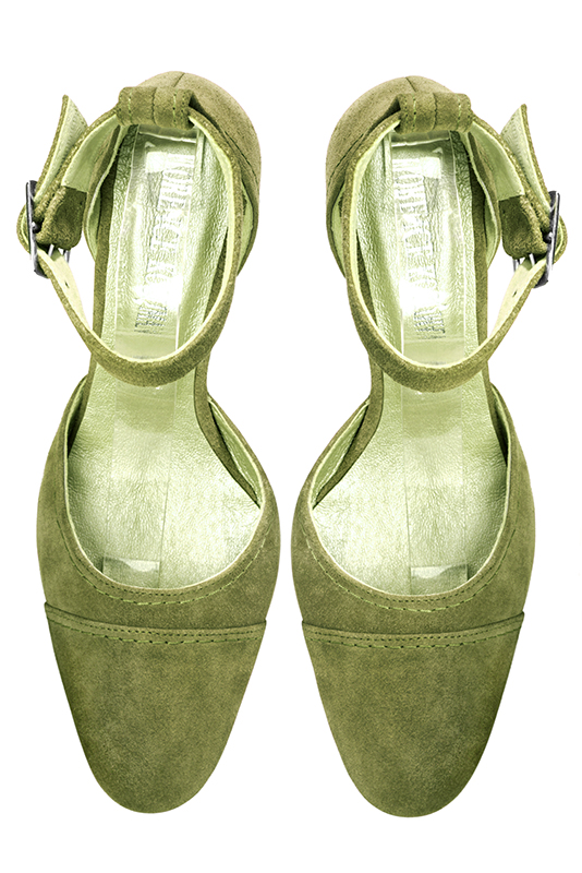 Pistachio green women's open side shoes, with a strap around the ankle. Round toe. Medium block heels. Top view - Florence KOOIJMAN